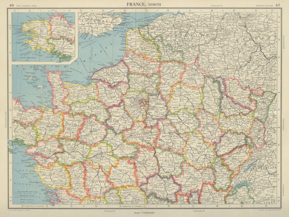 FRANCE NORTH in departements. BARTHOLOMEW 1947 old vintage map plan chart