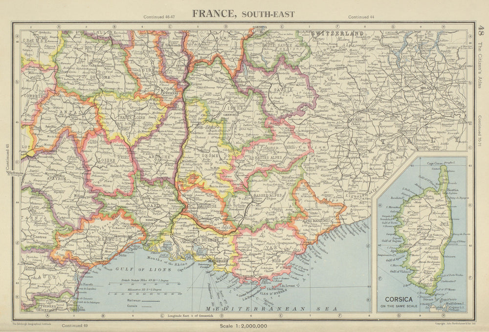FRANCE SOUTH-EAST pre 1947-border changes. w/o Tende & Mt Cenis 1947 old map