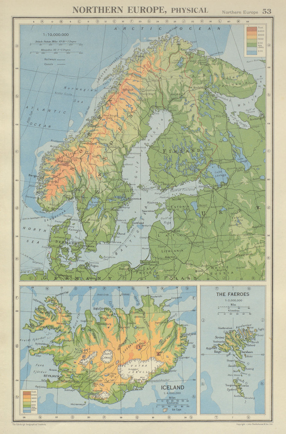 SCANDINAVIA PHYSICAL. Norway Sweden Denmark Finland 1947 old vintage map chart