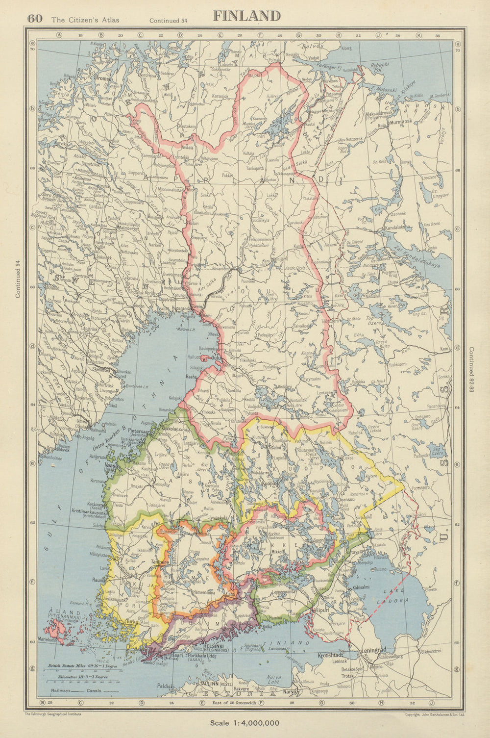 FINLAND showing provinces, and pre-1940 & 1944 borders/changes 1947 old map