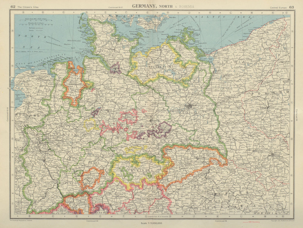 NORTHERN GERMANY showing 1938 border with Poland. BARTHOLOMEW 1947 old map