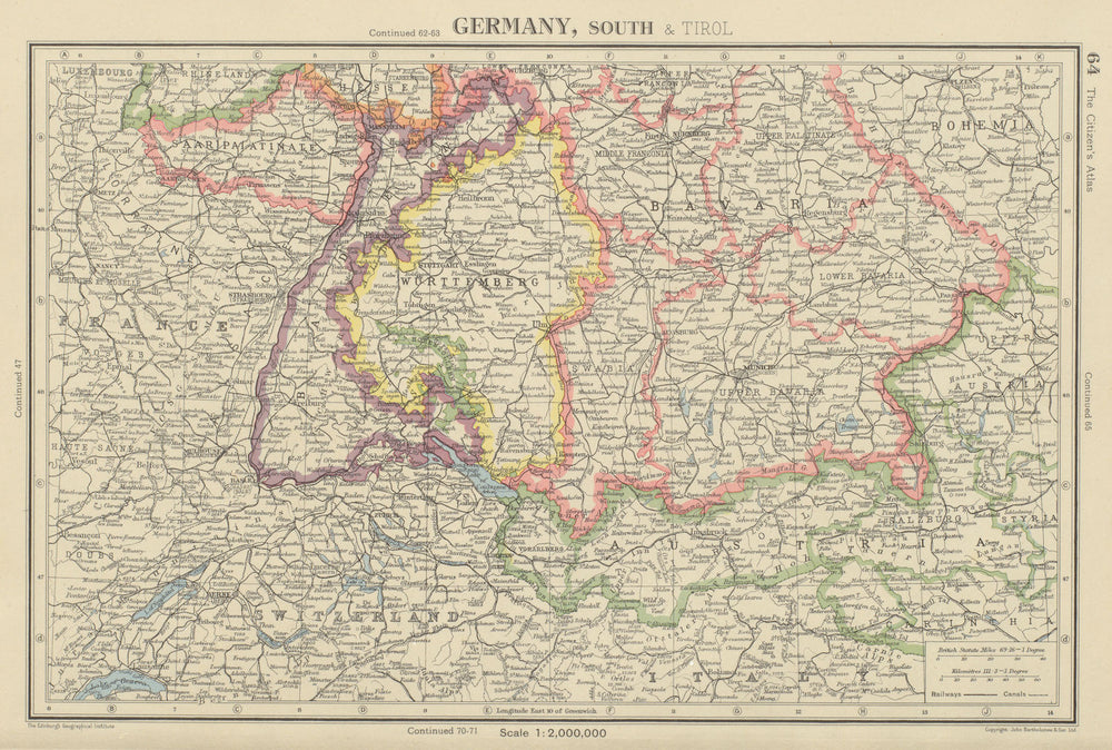 SOUTHERN GERMANY. Bavaria Wurttemberg Saar Baden. BARTHOLOMEW 1947 old map