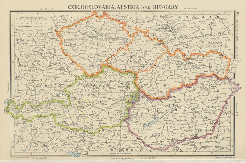 CZECHOSLOVAKIA, AUSTRIA & HUNGARY. Central Europe post WW2 borders 1947 map