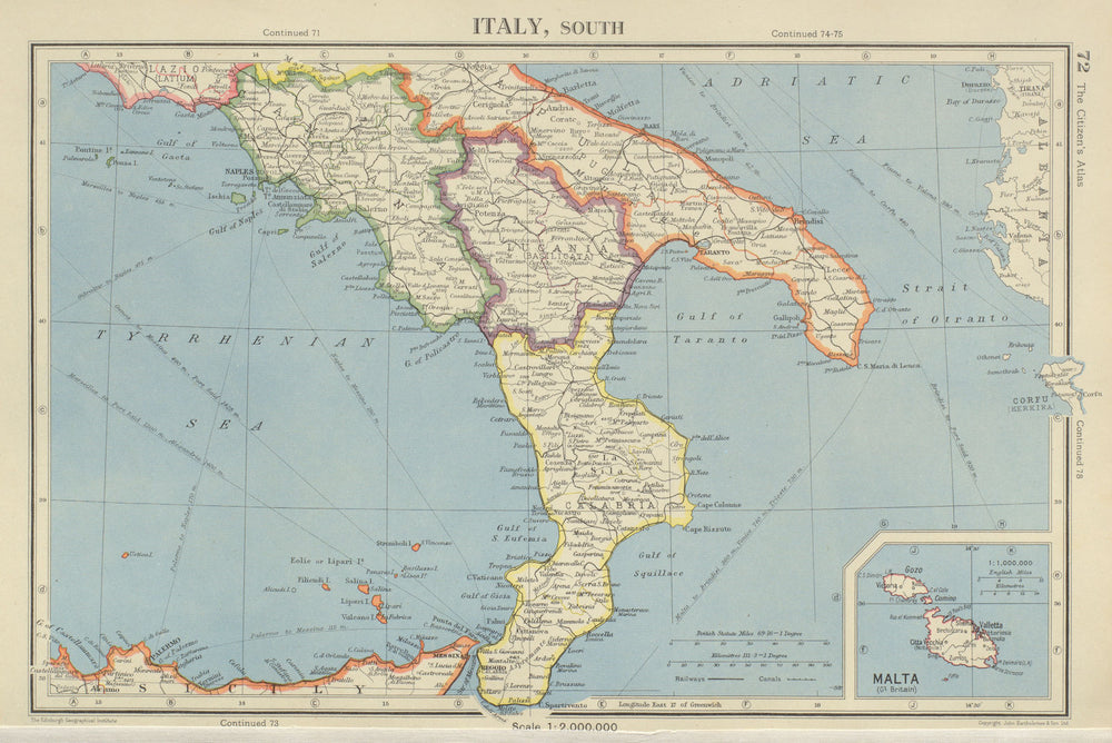 ITALY SOUTH. Calabria Campania Lucania Puglia. inset Malta. BARTHOLOMEW 1947 map