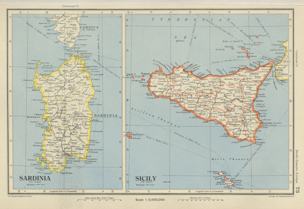 ITALY. Sicily and Sardinia Sardegna. Aeolian islands. BARTHOLOMEW 1947 old map