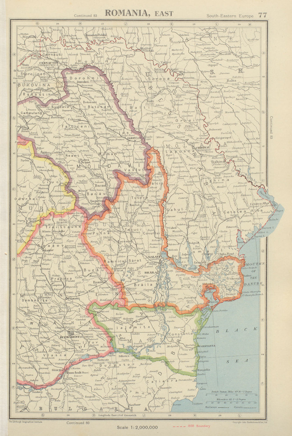 ROMANIA EAST showing provinces & 1938 borders. Bucharest. BARTHOLOMEW 1947 map