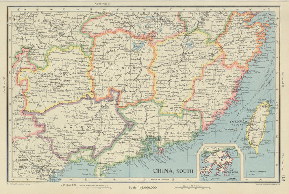 SOUTHERN CHINA. Fukien Kiangsi Hunan Kwangtung Taiwan Hong Kong 1947 old map
