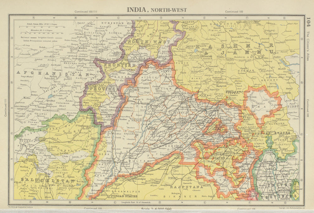 BRITISH INDIA NORTH WEST. NW Frontier Punjab Kashmir. BARTHOLOMEW 1947 old map