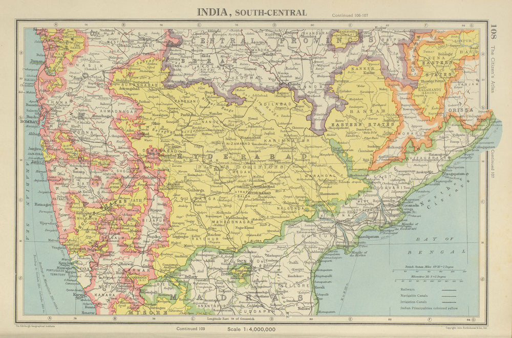 INDIA CENTRAL. Shows Goa & Daman as Portuguese. BARTHOLOMEW 1947 old map