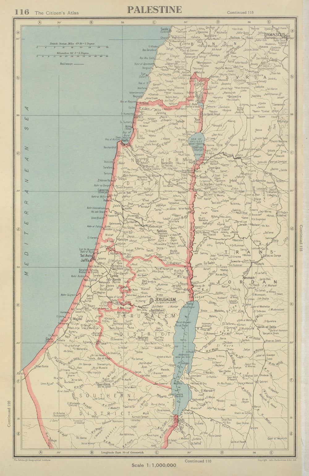 PALESTINE & TRANSJORDAN. Predates State of Israel. Inc. Gaza, ex. Golan 1947 map