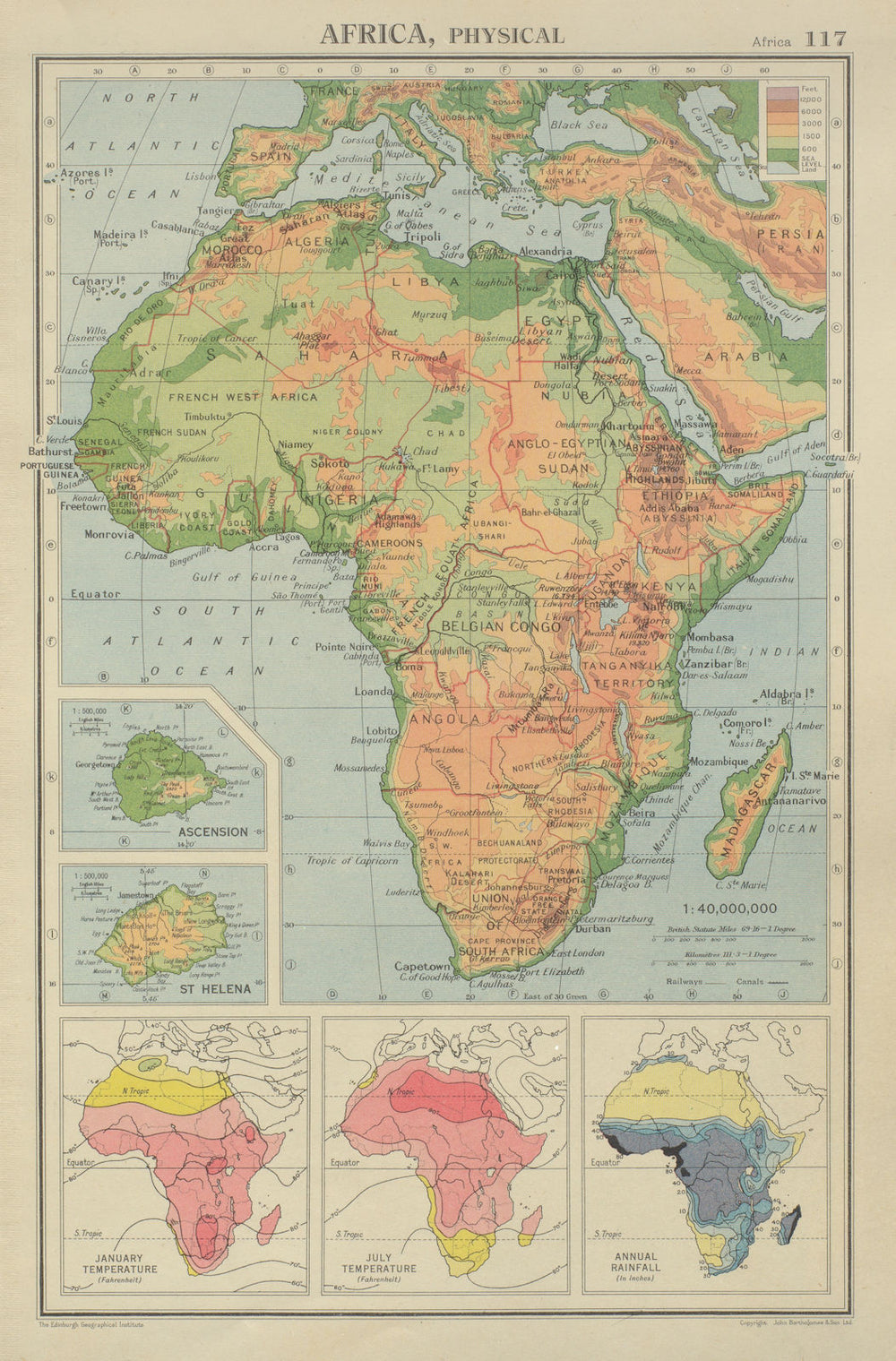 AFRICA PHYSICAL & CLIMATE January July temperature Rainfall BARTHOLOMEW 1947 map