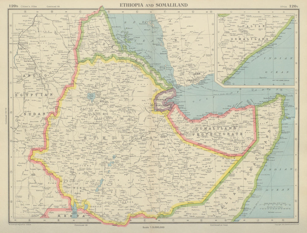 HORN OF AFRICA. Ethiopia French Somaliland Protectorate Somalia 1947 old map