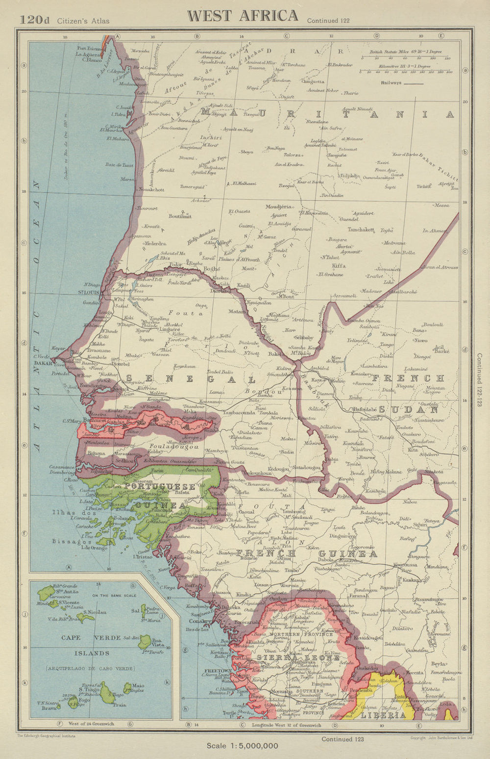 CAP VERT. French/Portuguese Guinea Gambia Senegal Sierra Leone 1947 old map