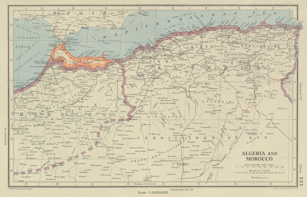 ALGERIA AND MOROCCO showing Spanish Morocco. BARTHOLOMEW 1947 old vintage map