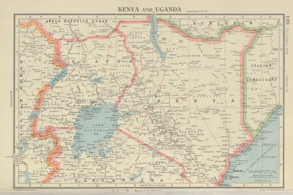 EAST AFRICA. Kenya and Uganda. Lake Victoria. BARTHOLOMEW 1947 old vintage map