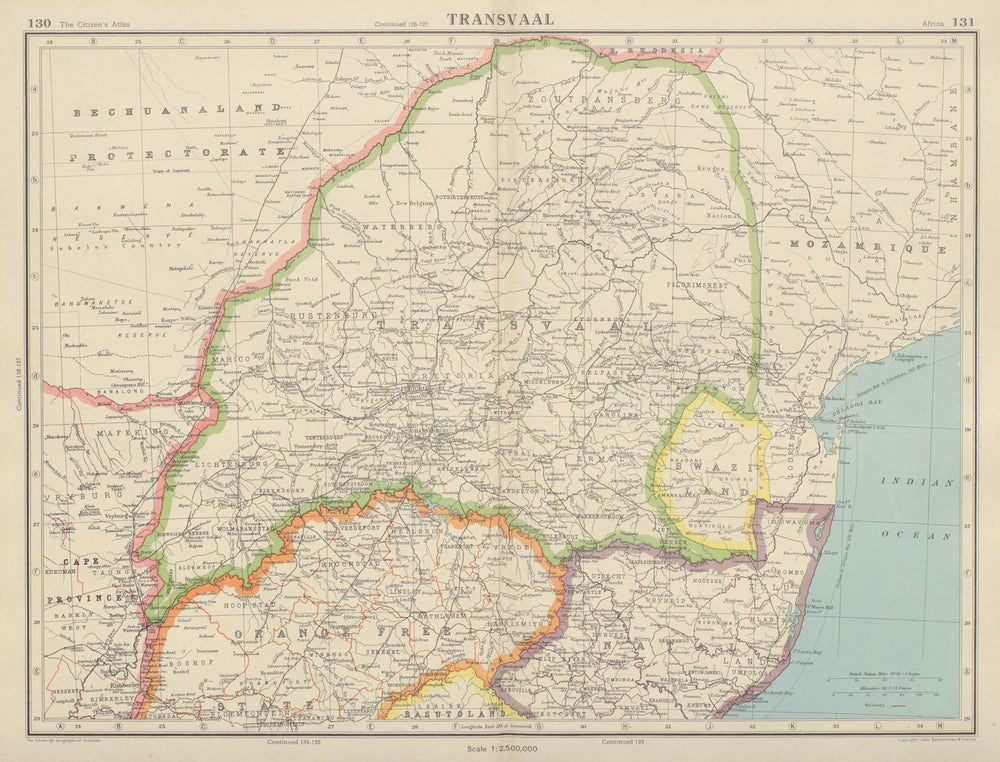 TRANSVAAL. South Africa. Railways. Swaziland Natal. BARTHOLOMEW 1947 old map