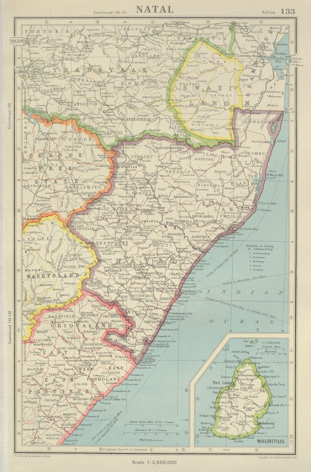 NATAL, SWAZILAND & Mauritius. South Africa. BARTHOLOMEW 1947 old vintage map
