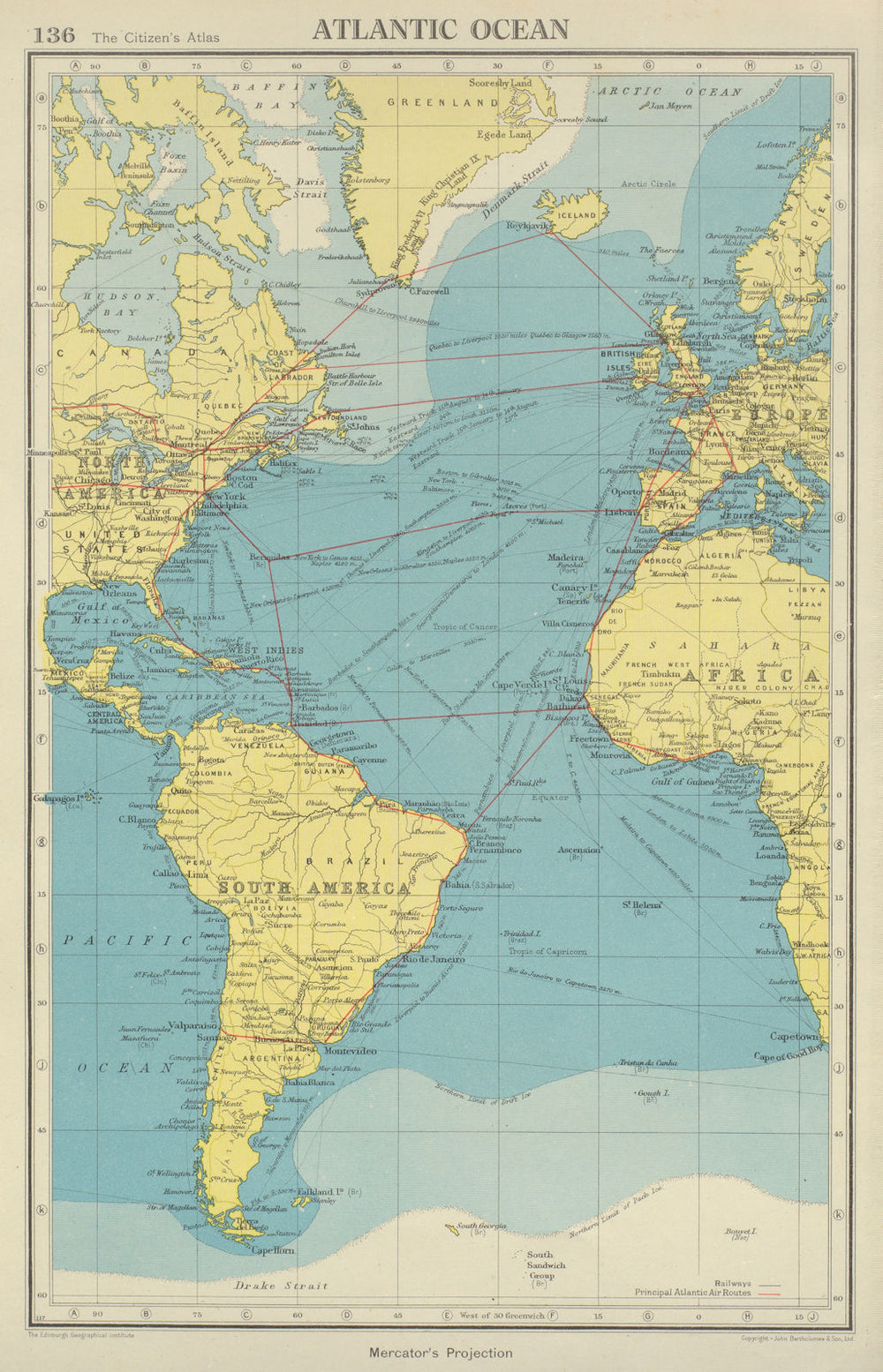 ATLANTIC OCEAN. Shows main air & shipping routes, drift/pack ice limits 1947 map