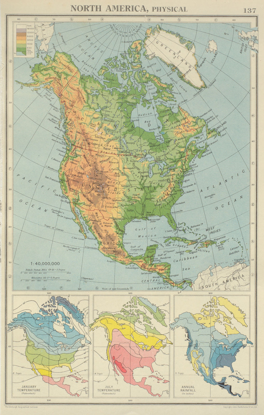 NORTH AMERICA PHYSICAL & CLIMATE. Temperature. Rainfall. BARTHOLOMEW 1947 map