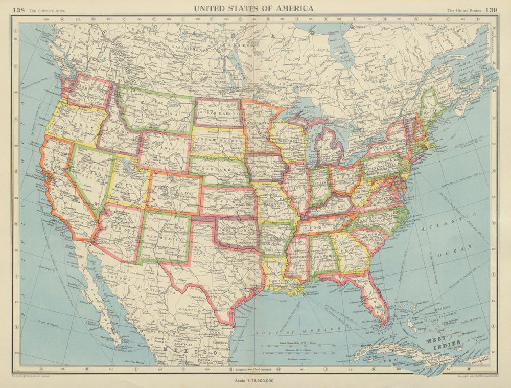 USA. United States of America. State map. BARTHOLOMEW 1947 old vintage