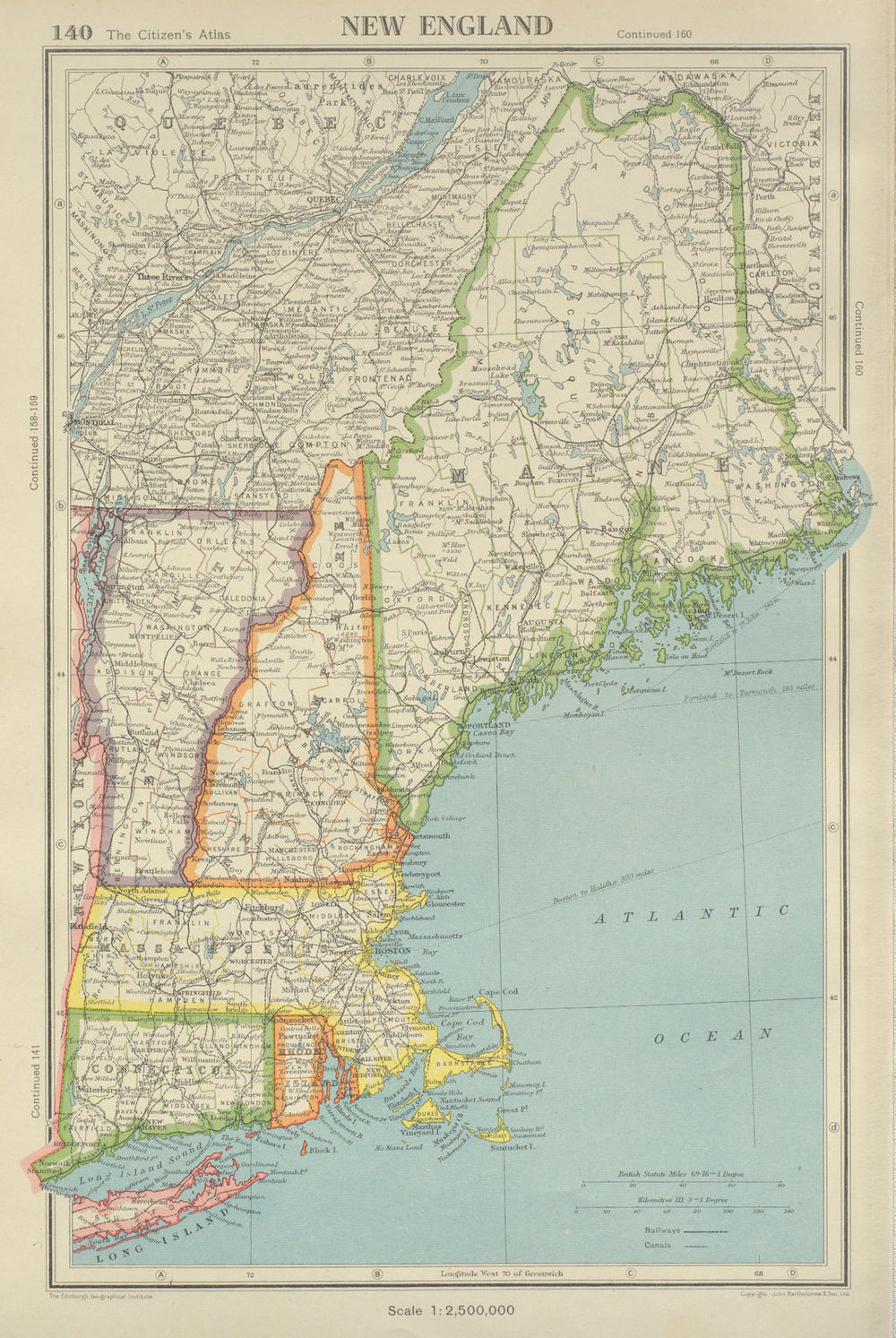 NEW ENGLAND. Connecticut Massachusetts Vermont NH Maine RI. BARTHOLOMEW 1947 map