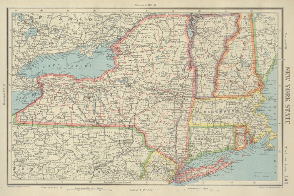 NEW YORK STATE. + Connecticut Vermont Massachusetts RI. BARTHOLOMEW 1947 map