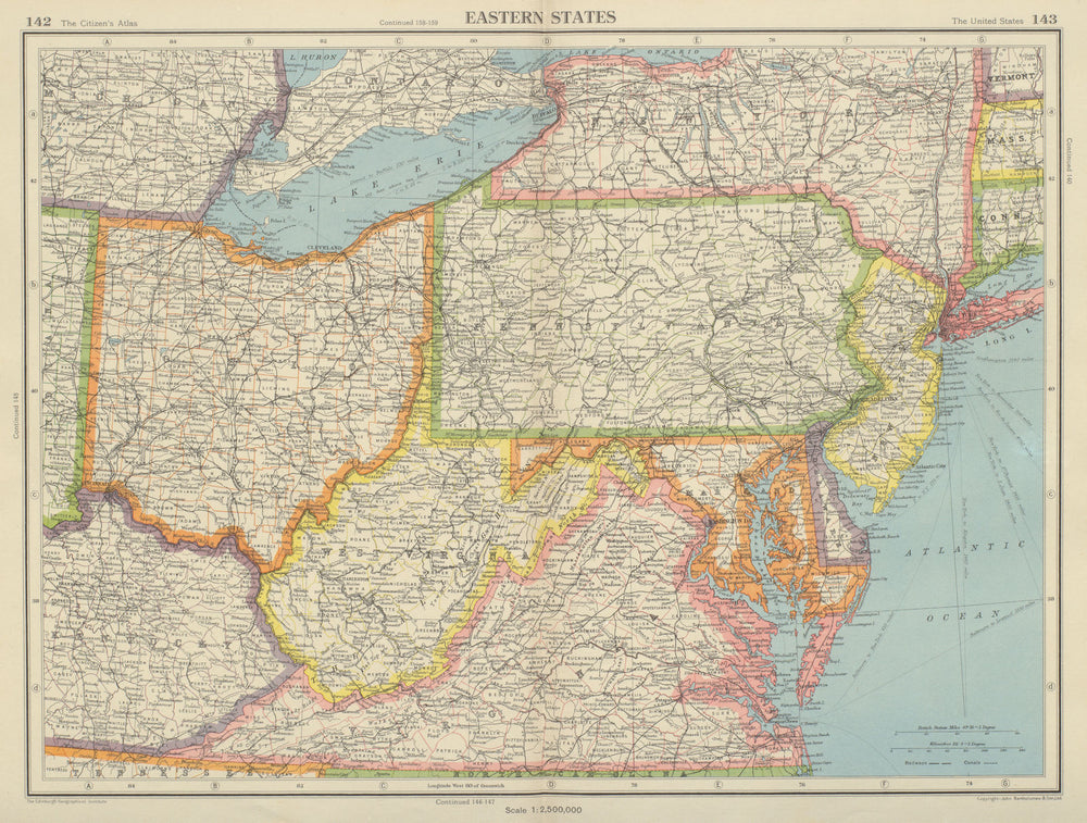 USA EASTERN STATES WV Virginia Pennsylvania MD Delaware New Jersey Ohio 1947 map