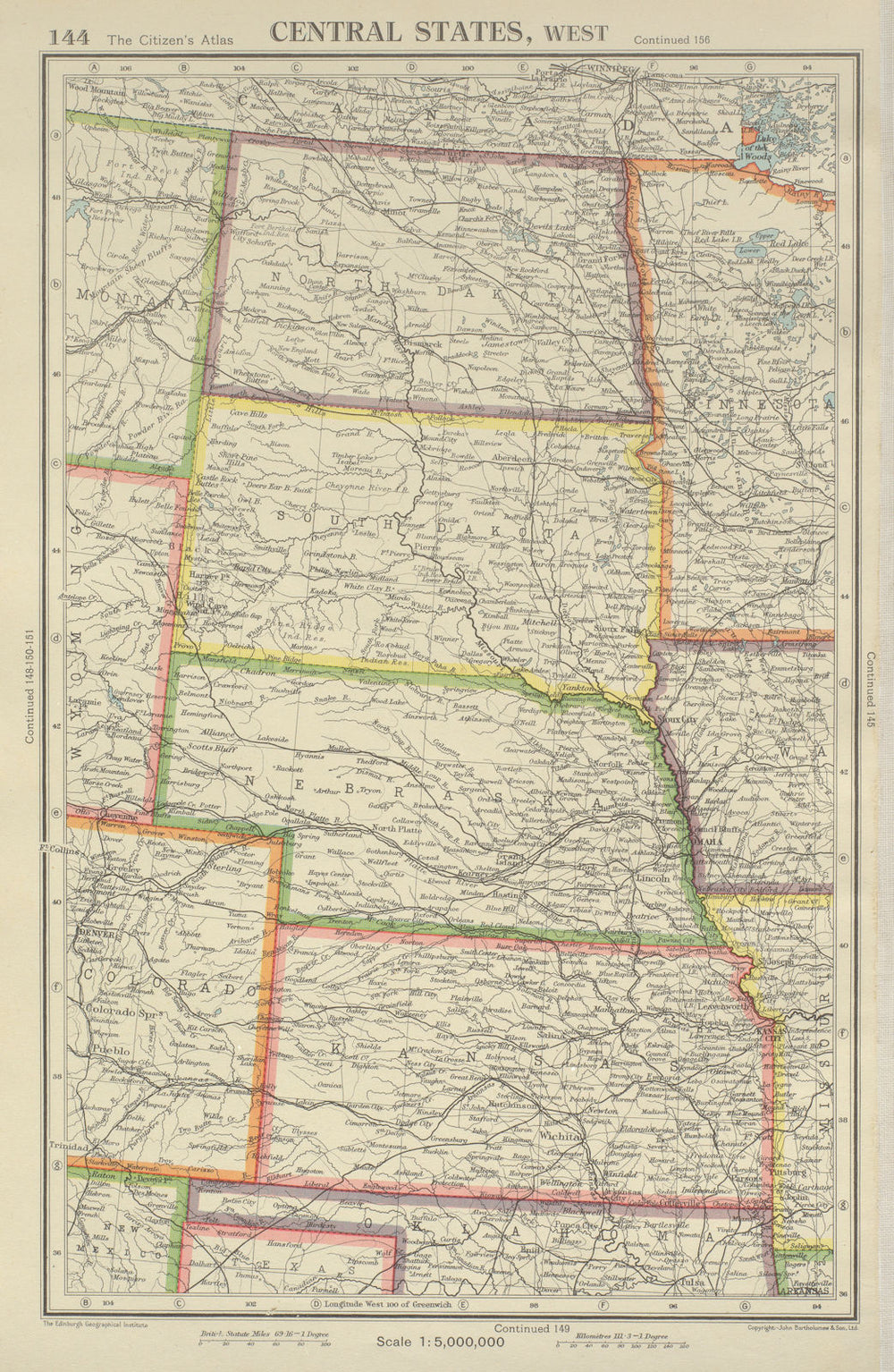 USA PLAINS STATES. North & South Dakota Nebraska Kansas. BARTHOLOMEW 1947 map