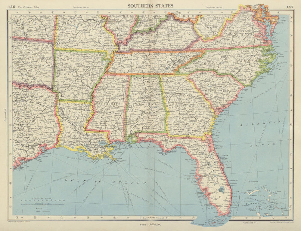 USA SOUTHERN STATES Florida Georgia LA MS AL NC SC TN AR KY BARTHOLOMEW 1947 map