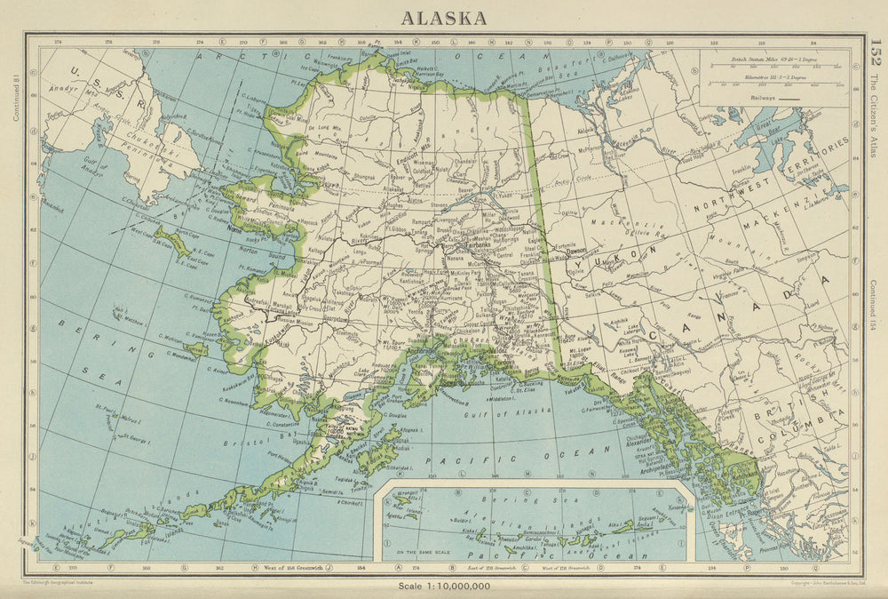 ALASKA. railways. Mountains. BARTHOLOMEW 1947 old vintage map plan chart