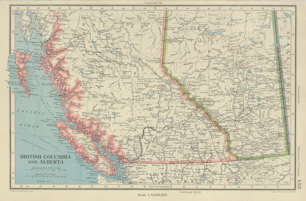 CANADA. British Columbia & Alberta. Railways. BARTHOLOMEW 1947 old vintage map