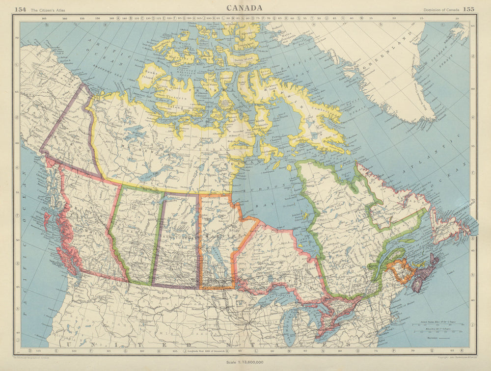 CANADA. showing provinces & railways. BARTHOLOMEW 1947 old vintage map chart