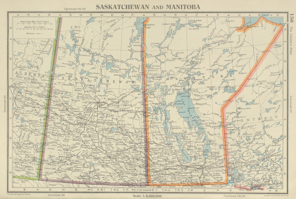 SASKATCHEWAN & MANITOBA. provinces. Canada. Railways. BARTHOLOMEW 1947 old map