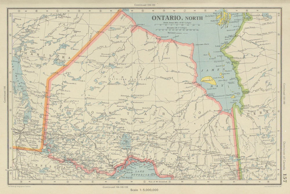 ONTARIO NORTH. Railways. James Bay. Canada. BARTHOLOMEW 1947 old vintage map