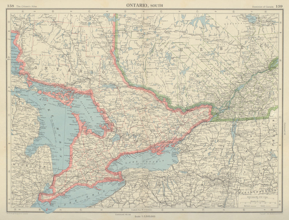 ONTARIO SOUTH. counties. Lake Ontario Huron Erie. Canada. BARTHOLOMEW 1947 map