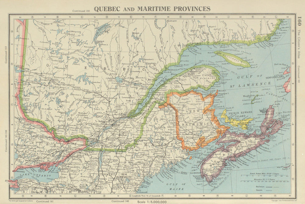 QUEBEC & MARITIME PROVINCES. NS Prince Edward Island NB. BARTHOLOMEW 1947 map