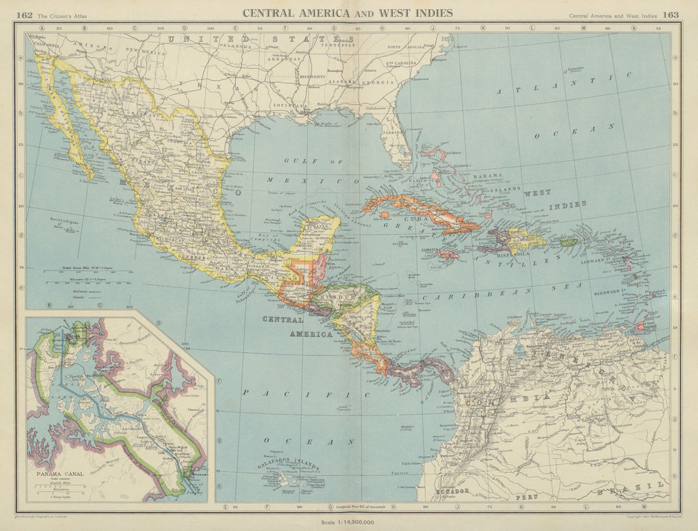 CARIBBEAN/CENTRAL AMERICA. Inset Panama Canal Zone. BARTHOLOMEW 1947 old map