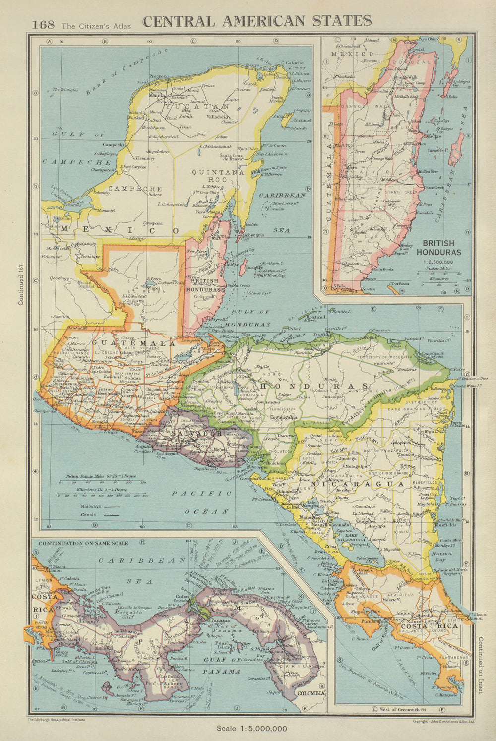 CENTRAL AMERICA. Panama Guatemala Nicaragua Costa Rica British Honduras 1947 map