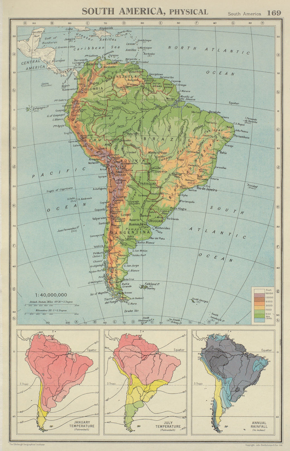 SOUTH AMERICA. Physical Temperature & Rainfall. BARTHOLOMEW 1947 old map