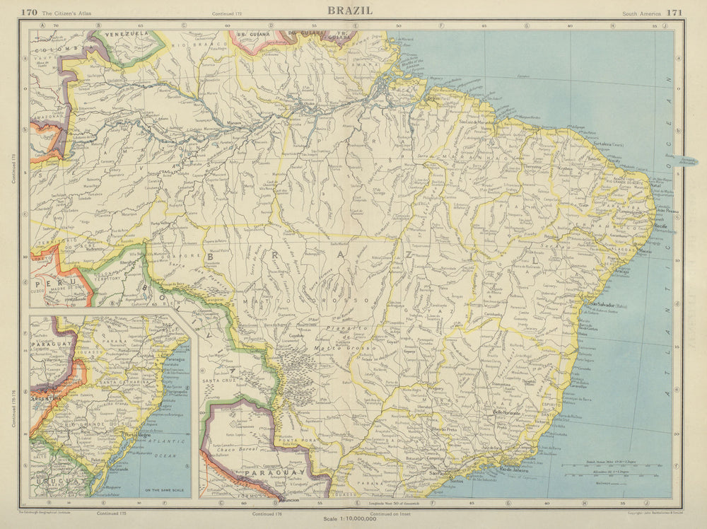 BRAZIL. also Paraguay. BARTHOLOMEW 1947 old vintage map plan chart