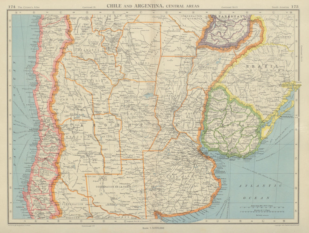 CENTRAL CHILE AND ARGENTINA. Showing provinces. Uruguay. BARTHOLOMEW 1947 map