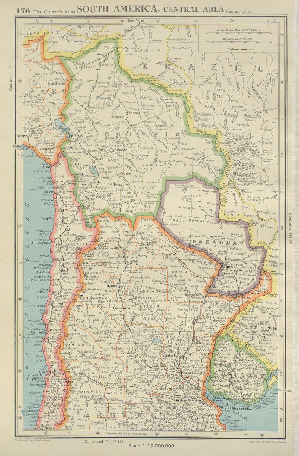 SOUTH AMERICA. Bolivia Paraguay Uruguay Northern Chile & Argentina 1947 map