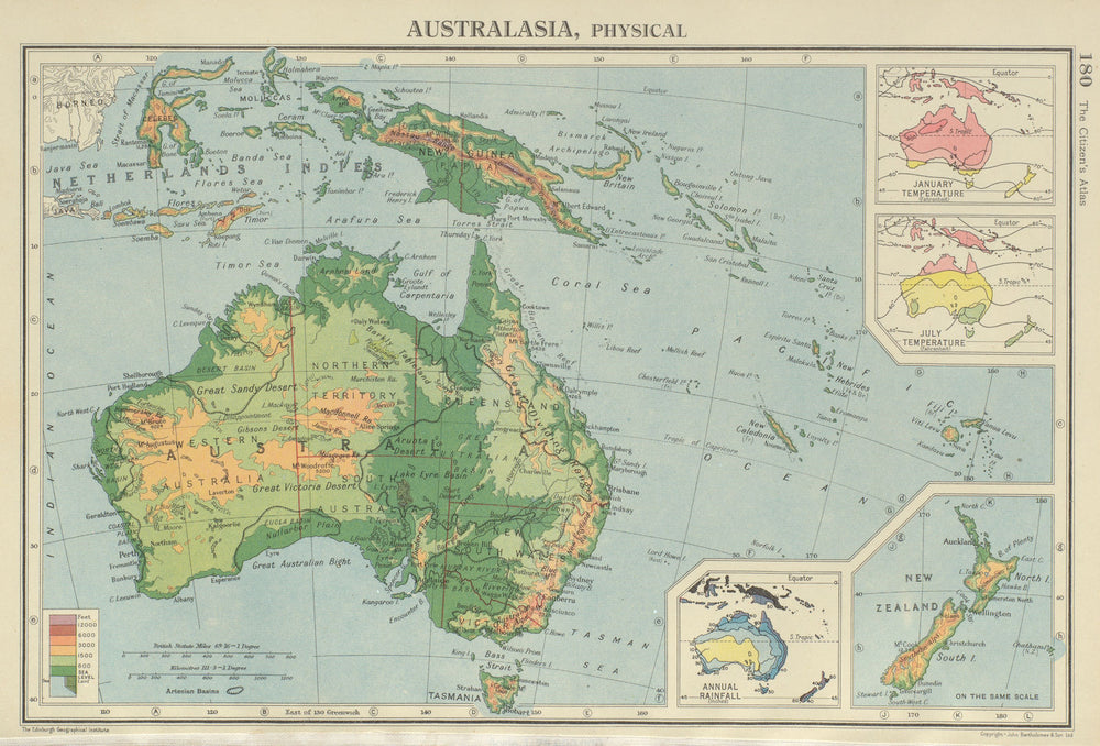 AUSTRALASIA. January & July temperature; Annual rainfall. BARTHOLOMEW 1947 map