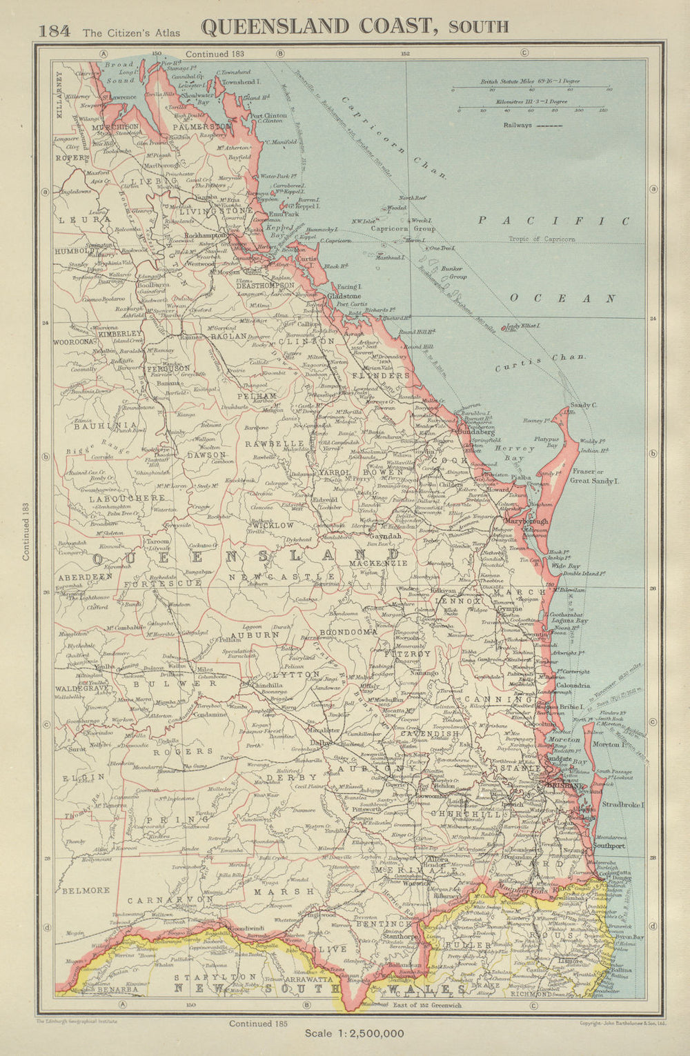 QUEENSLAND COAST, SOUTH. showing counties. BARTHOLOMEW 1947 old vintage map