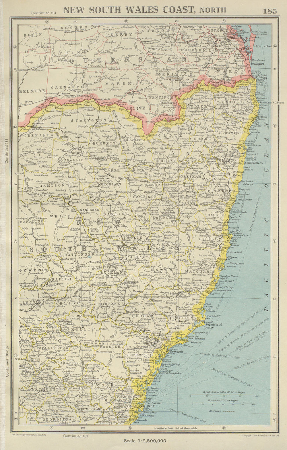 NEW SOUTH WALES COAST, NORTH. showing counties. BARTHOLOMEW 1947 old map