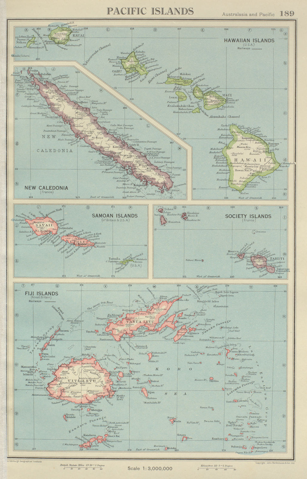 PACIFIC ISLANDS. Hawaii Samoa Fiji New Caledonia Society Islands 1947 old map