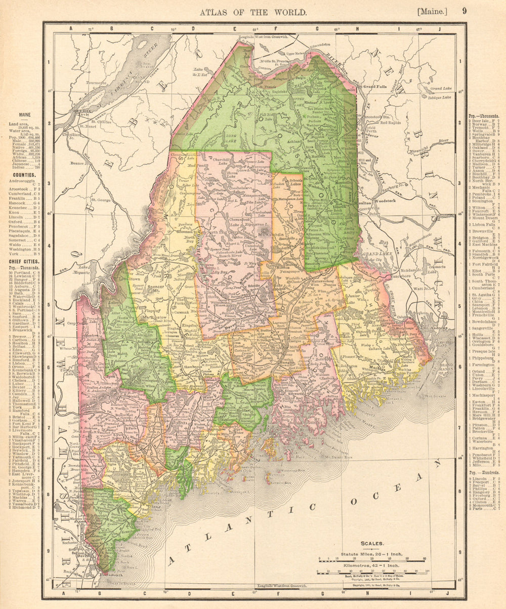 Maine state map showing counties. RAND MCNALLY 1906 old antique plan chart
