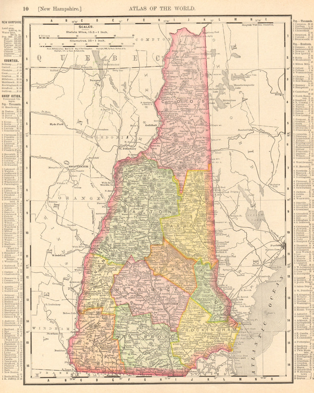 New Hampshire state map showing counties. RAND MCNALLY 1906 old antique