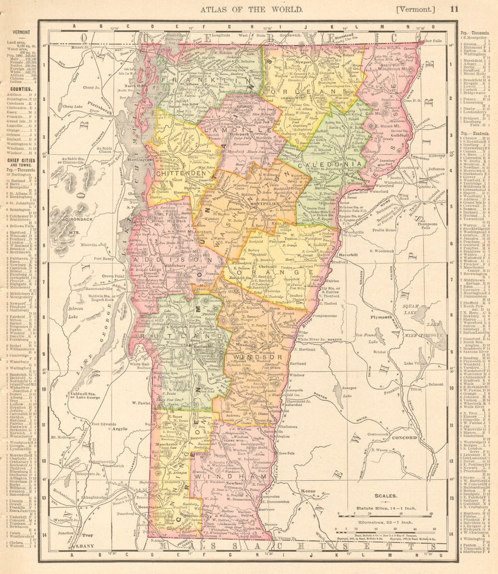 Vermont state map showing counties. RAND MCNALLY 1906 old antique chart