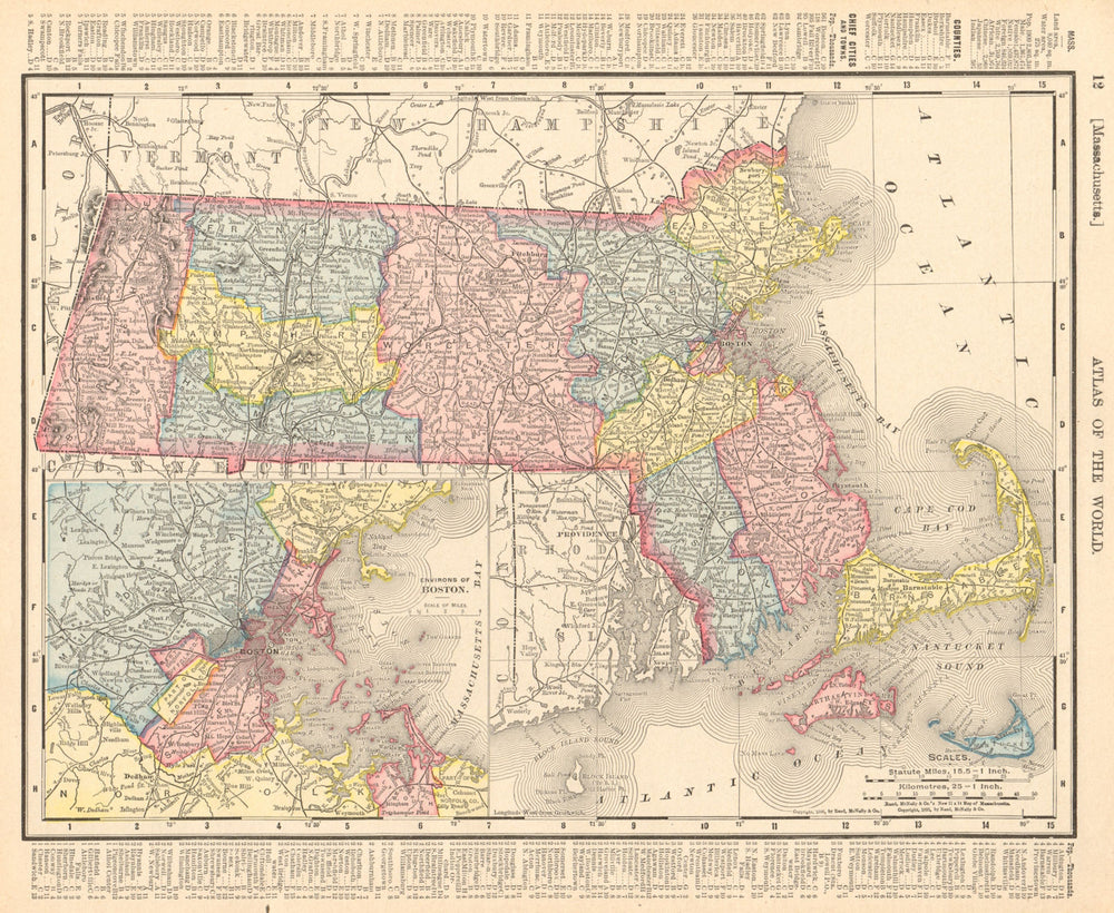 Massachusetts state map showing counties. Boston environs. RAND MCNALLY 1906